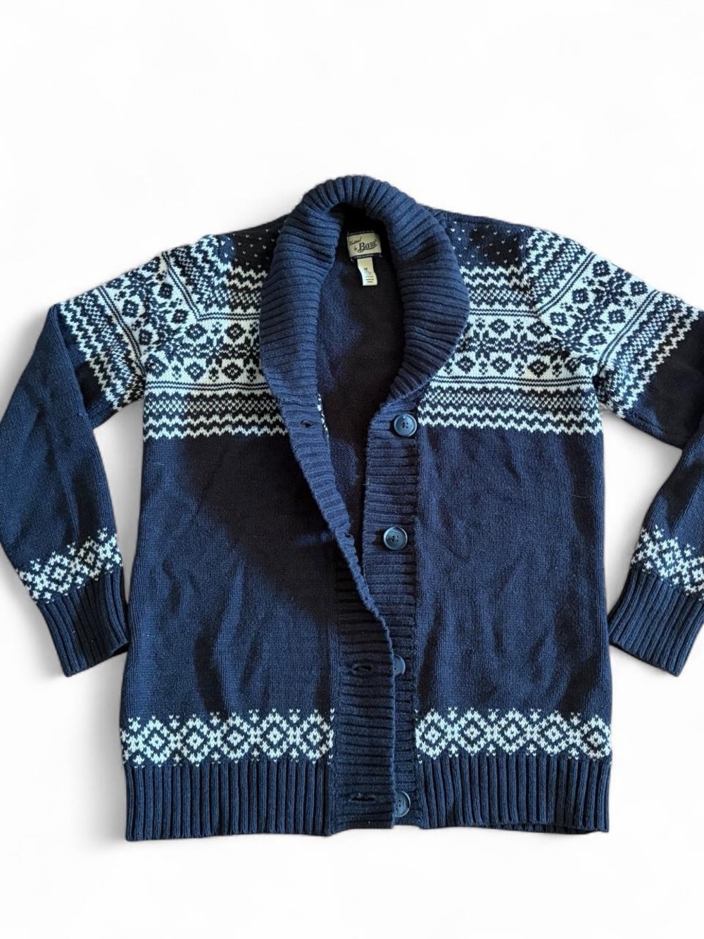 Knitted by Bass Navy Shawl Collar Fair Isle Cardigan with Light Blue Pattern